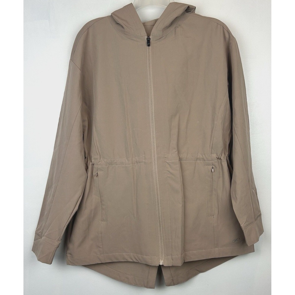 Jacket Women Medium Beige Full Zip Hooded Cinch Waist Pockets Capsule Minimalist